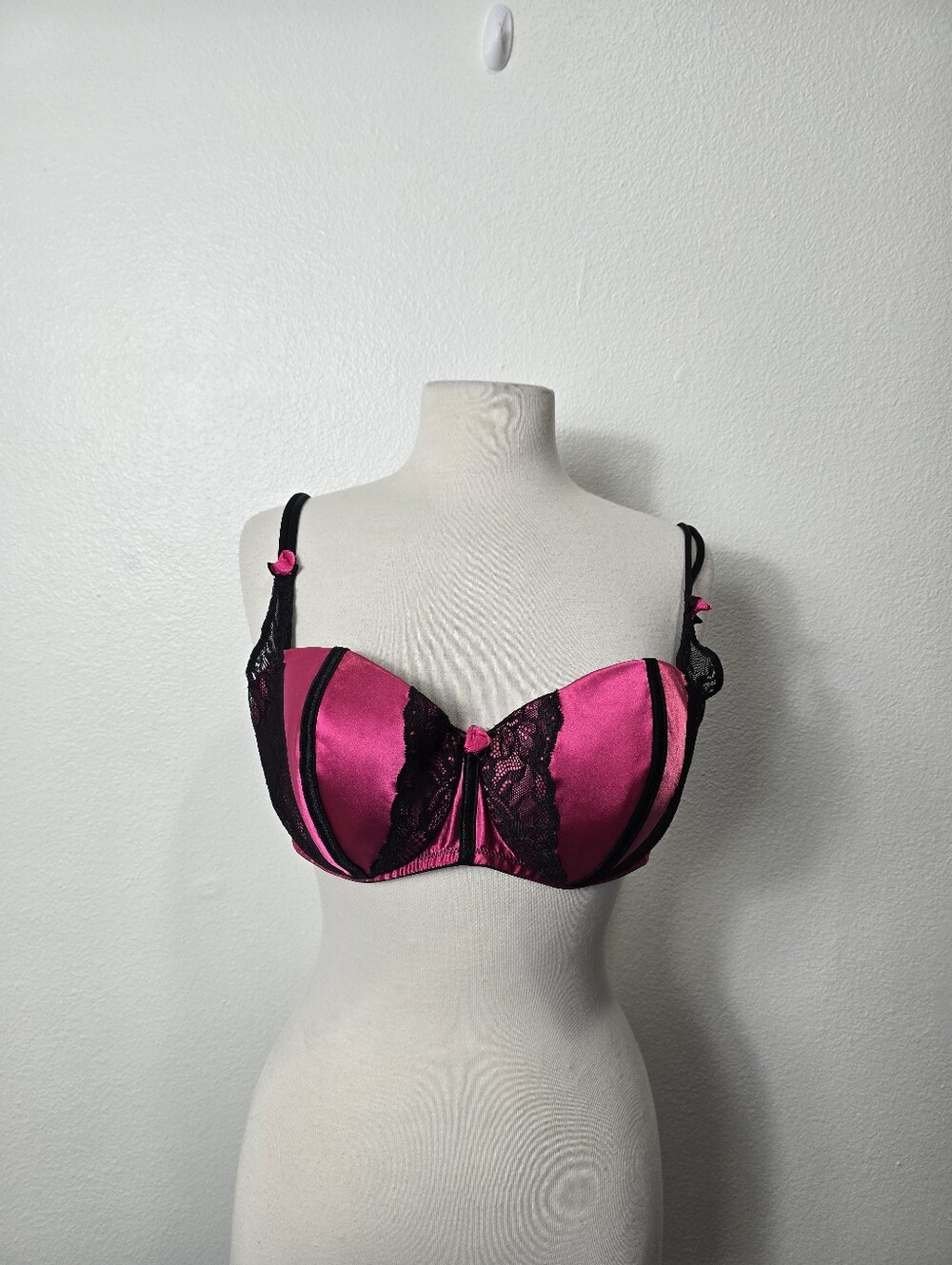 Cacique Hot Pink and Black Satin Lace Balconette Bra